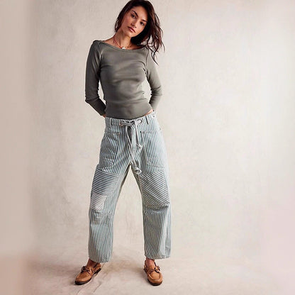Damen Hosen Gestreift Weite Bequem Verstellbar