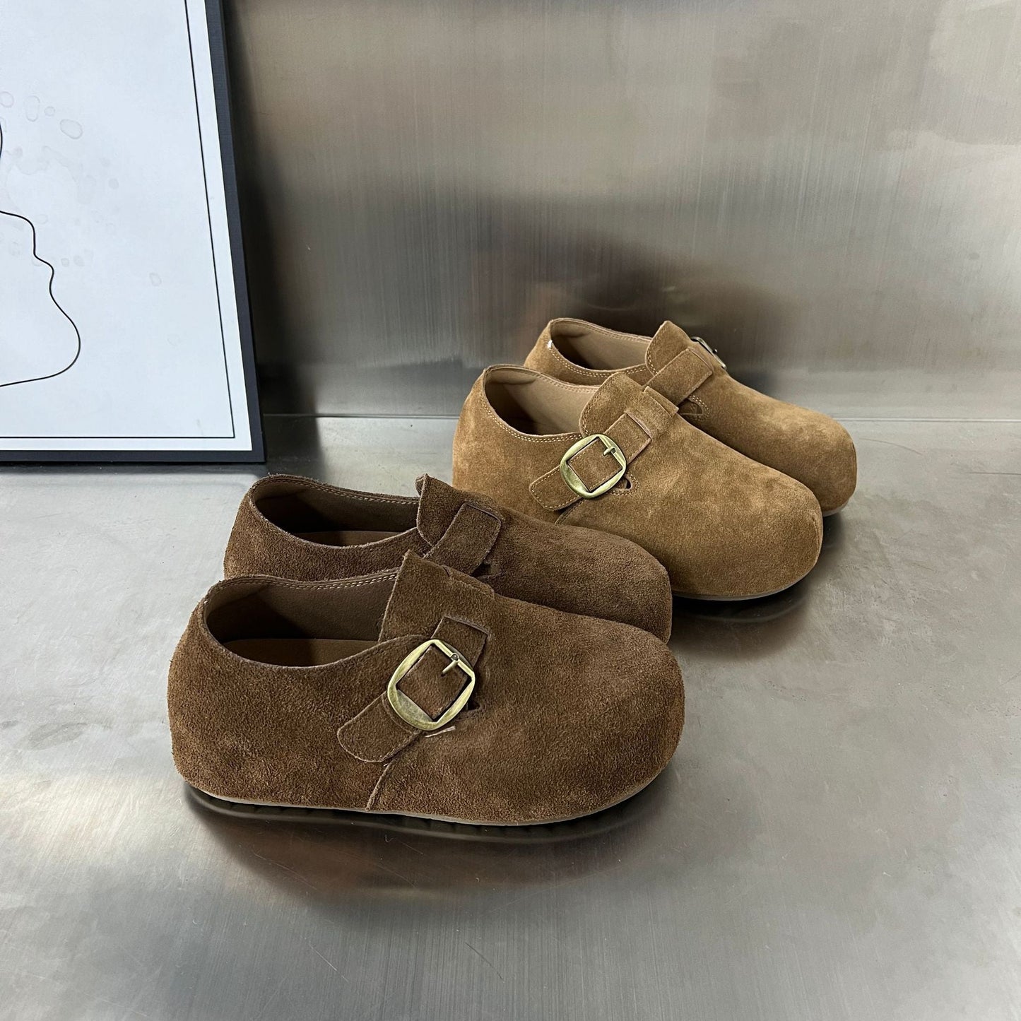 Damen Clogs Wildleder Komfort Bequem Schnallenverschluss