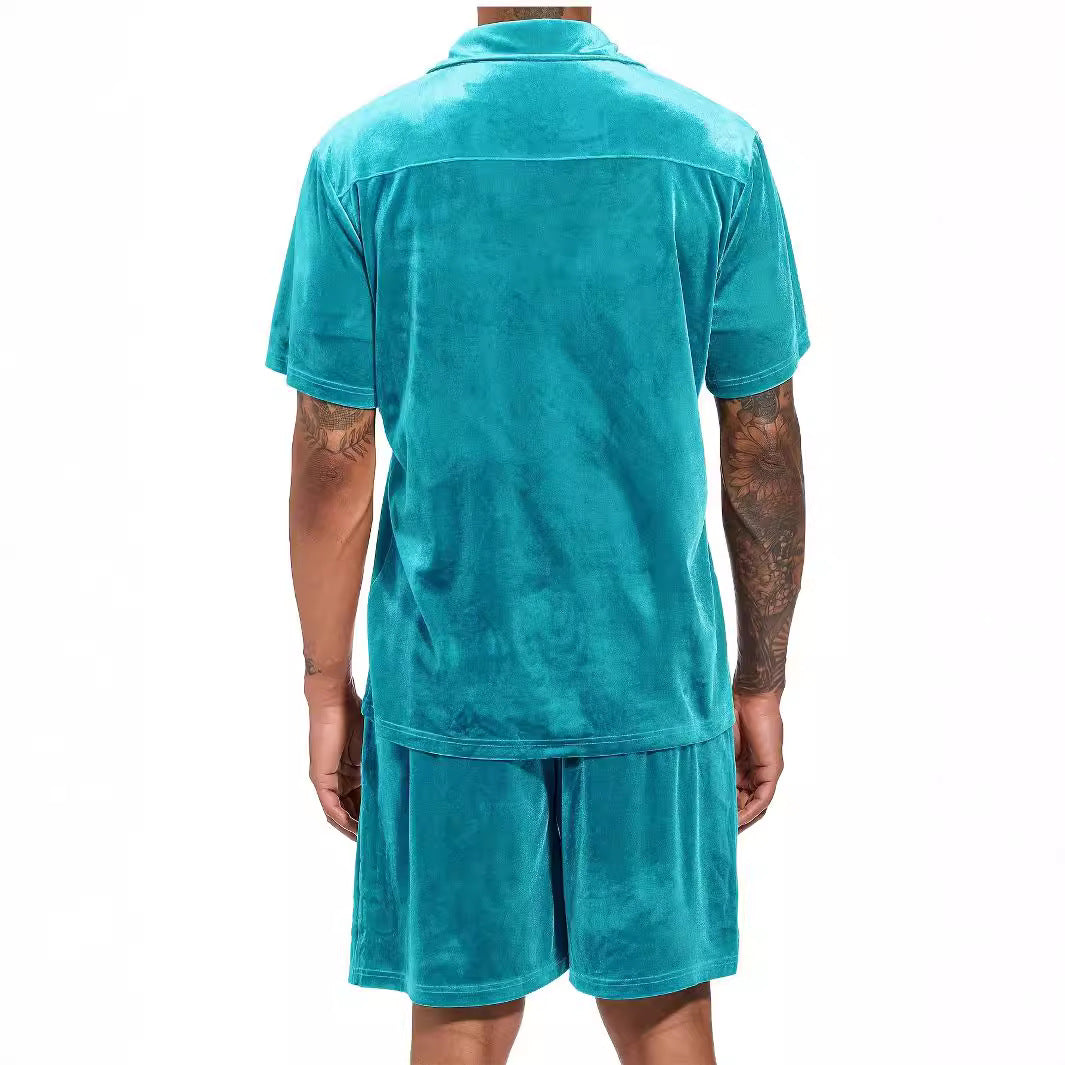 Herren Samt Hemd Shorts Set Luxus Sommer