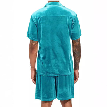 Herren Samt Hemd Shorts Set Luxus Sommer