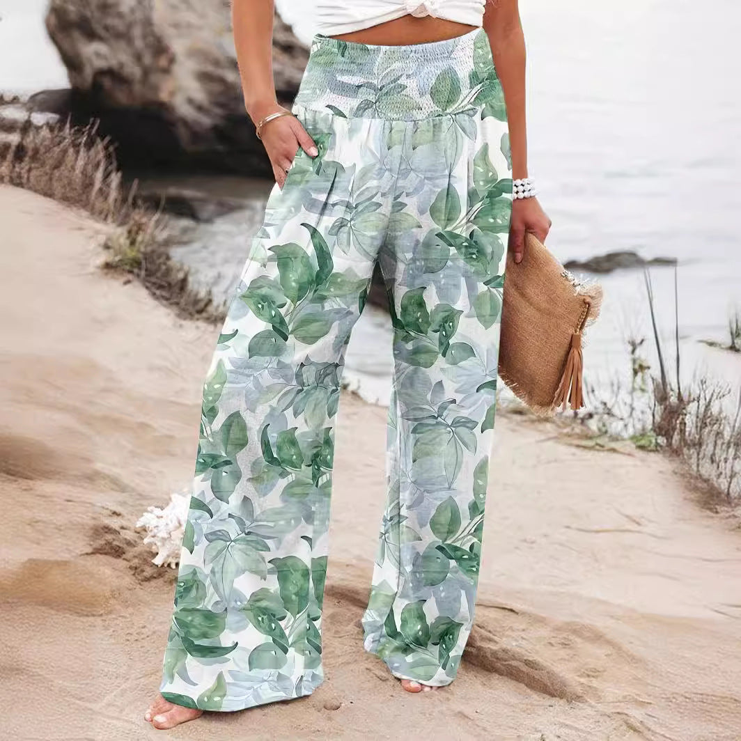 Damen Strandhose Weit Bequem Elastisch Floral - BerlinGlamour