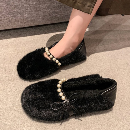 Damen Hausschuhe Weich Fell Perlen Elegance