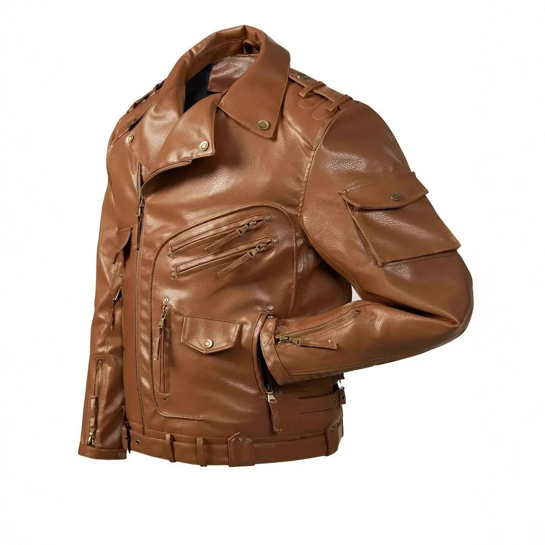 Leder Bikerjacke Herren mit Reißverschlusstaschen Gürtel Detail Schwarz