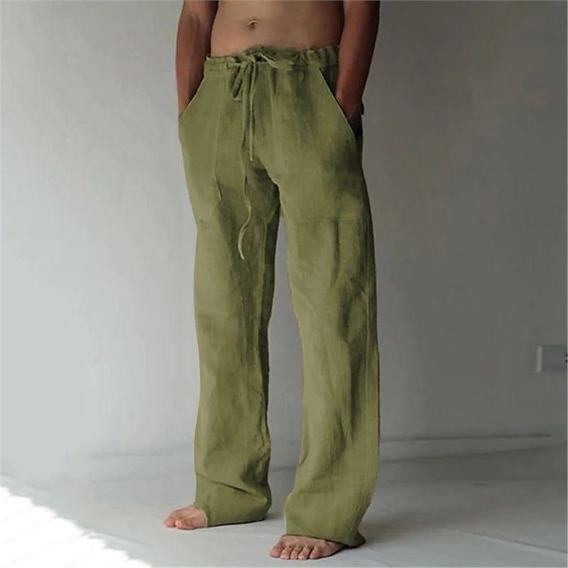 Herren Leinenhose Bequem mit Verstellbarem Bund und Seiten-Taschen