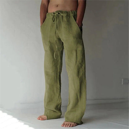 Herren Leinenhose Bequem mit Verstellbarem Bund und Seiten-Taschen