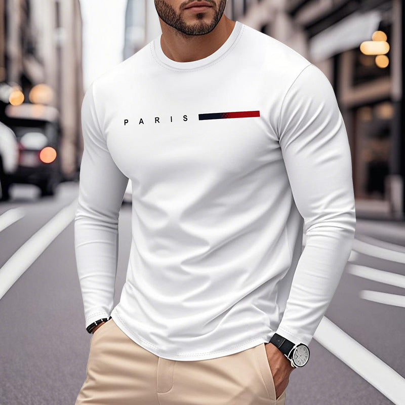 Herren Langarm T-Shirt mit modernem Paris-Druck und elastischem Saum Berlin Glamour → Herren T-Shirt Langarm mit Paris-Druck, modern, elastisch und Berlin-Glamour