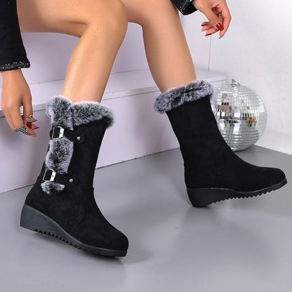 Damen Stiefel Wedge mit Kunstfellkragen und verstellbaren Schnallen
