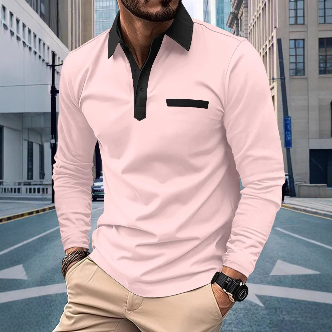 Herren Poloshirt Langarm Modern Stehkragen Kontrast Design