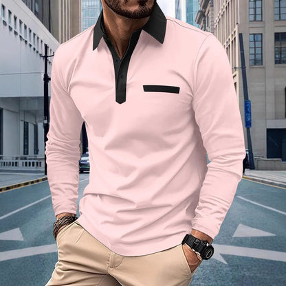 Herren Poloshirt Langarm Modern Stehkragen Kontrast Design