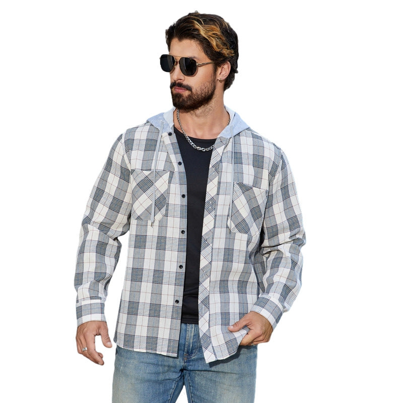 Herren Karo Bluse Lässig mit Kapuze und Brusttaschen
