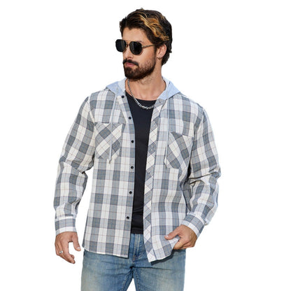 Herren Karo Bluse Lässig mit Kapuze und Brusttaschen