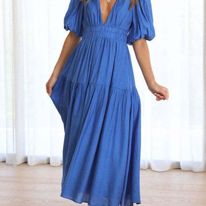 Damen Maxikleid V-Ausschnitt Schwingrock Partykleid Lang