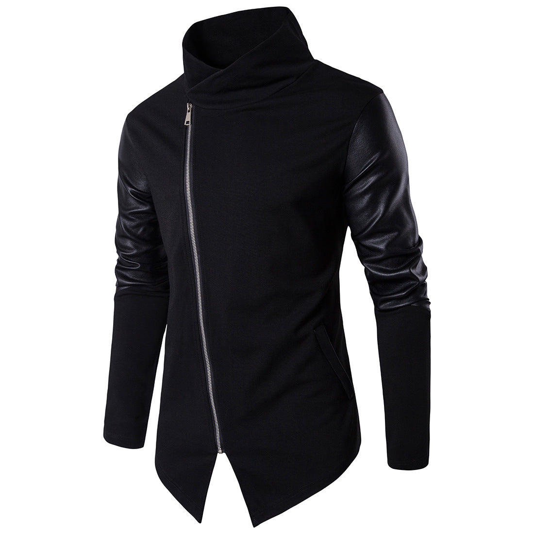 Herren Lederjacke Asymmetrisch Mit Kontrastärmeln Modern