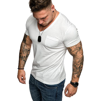 Herren T-Shirt V-Ausschnitt Weich Baumwolle Mit Brusttasche