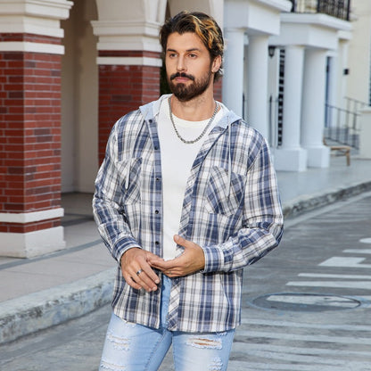 Herren Karo Bluse Lässig mit Kapuze und Brusttaschen