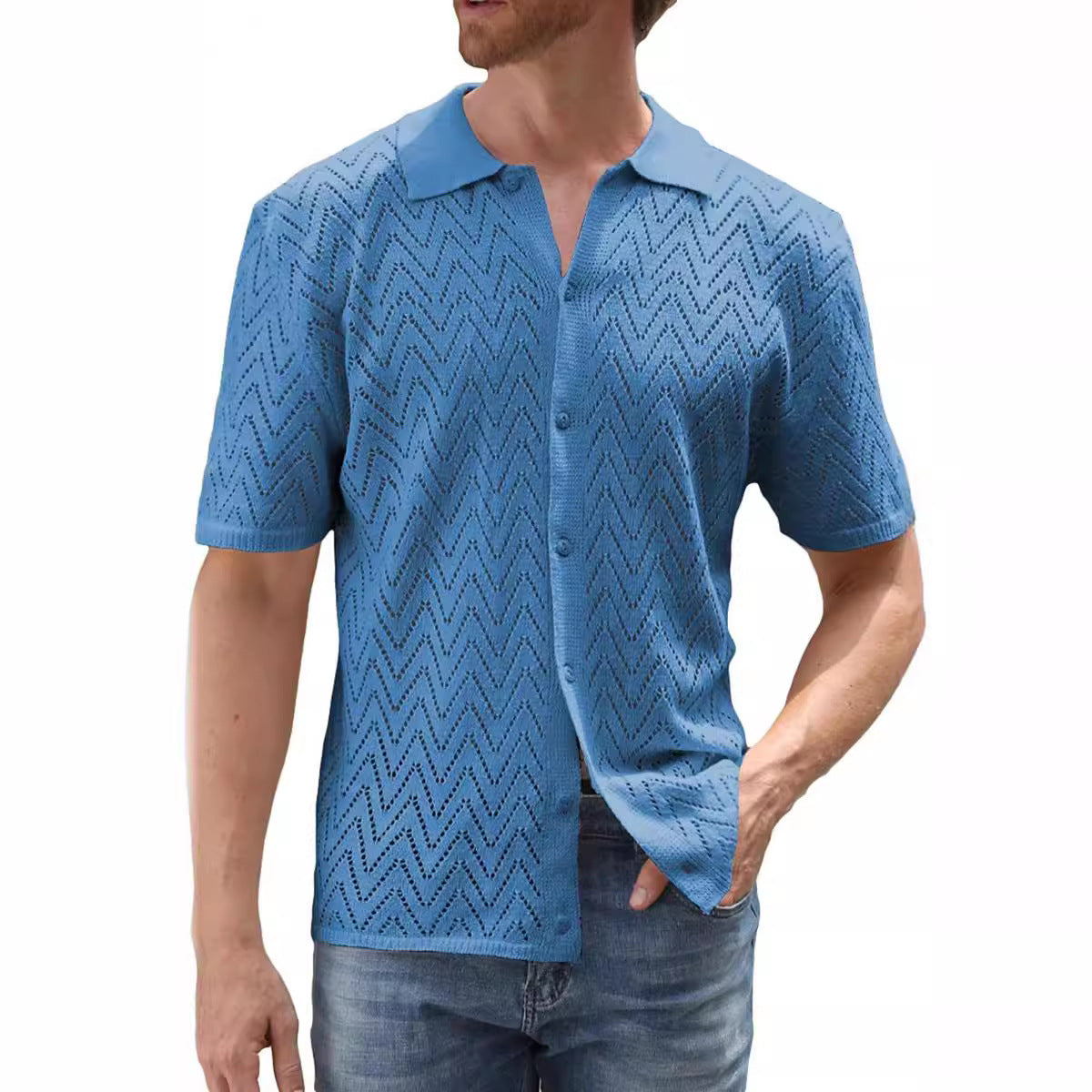 Herren Strickhemd Kurzarm Leicht mit Wellenmuster