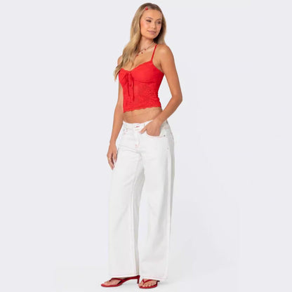 Damen Crop-Top Spitzeneinsatz mit Schleife - BerlinGlamour