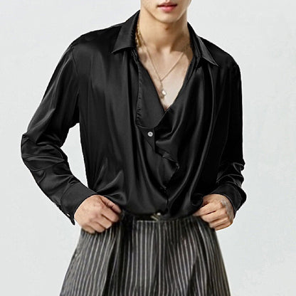 Herren Elegantes Langarmhemd mit drapierter Knopfleiste und seidigem Finish BerlinGlamour wird zu Elegantes Langarmhemd mit Knopfleiste