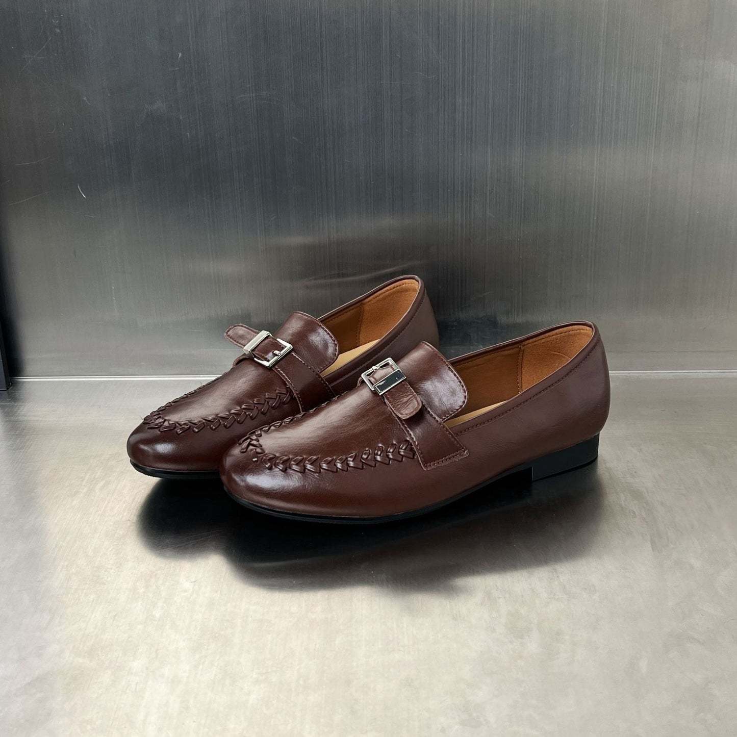 Damen Mokassins Leder Elegant Schnalle Schwarz