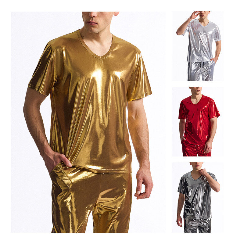 Herren T-Shirt V-Ausschnitt Glänzend Modern Hochwertig