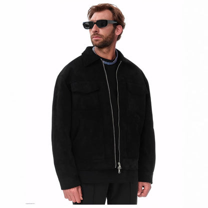 Herren Lederjacke Suede Stil mit Aufschlägen und Taschen