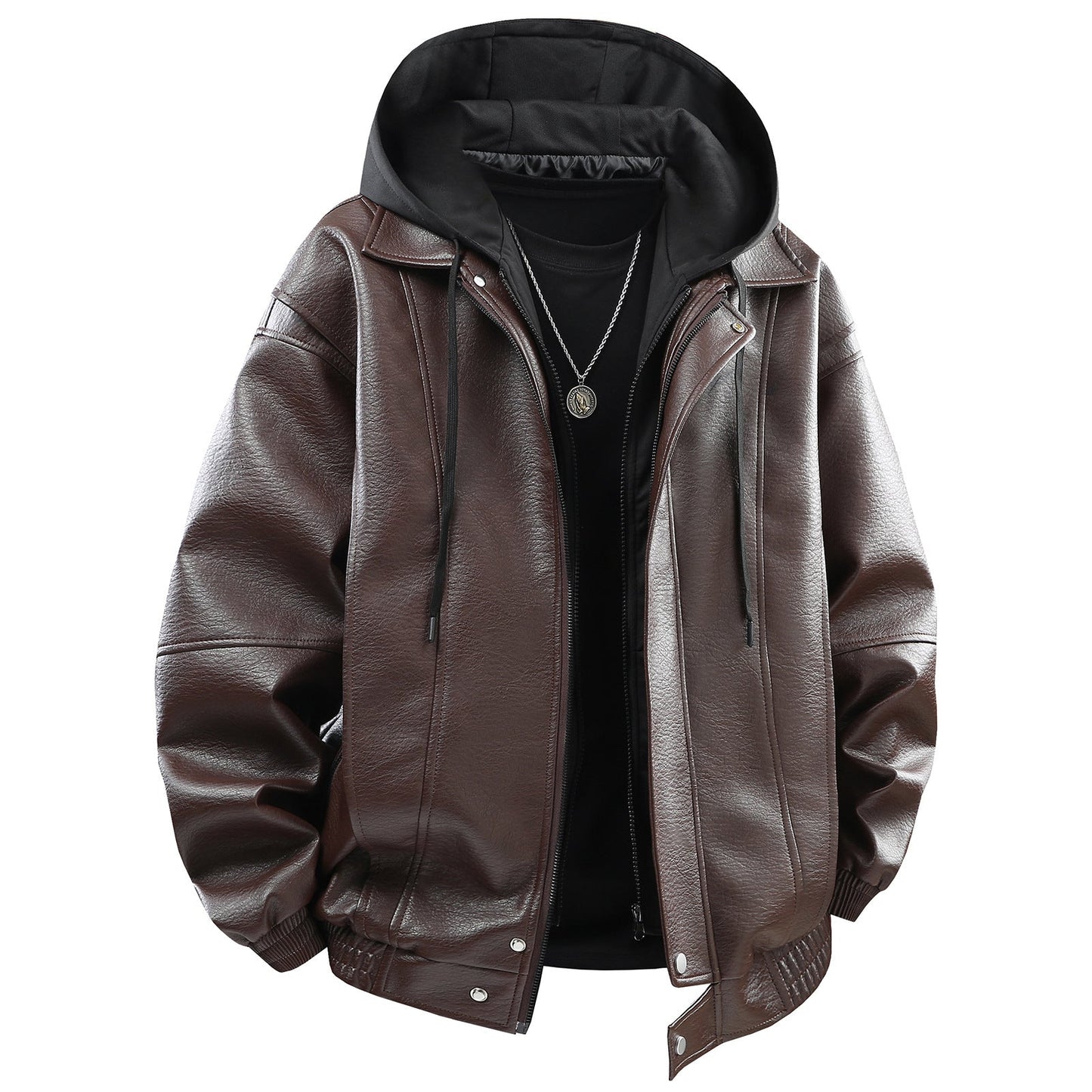 Herren Lederjacke Kunstleder Mit Kapuze Funktions-Taschen
