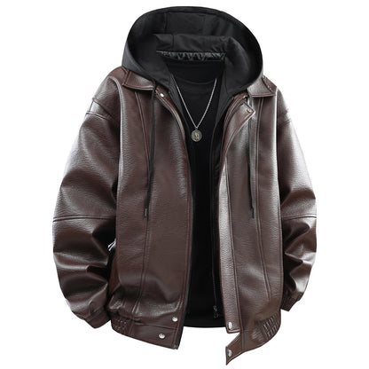 Herren Lederjacke Kunstleder Mit Kapuze Funktions-Taschen