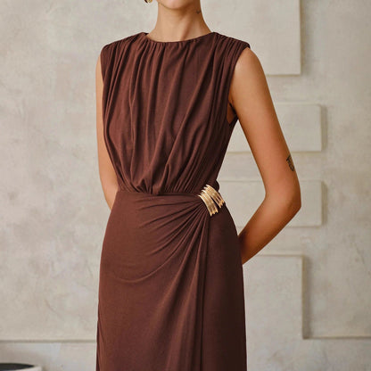 Ärmelloses Damen Maxikleid aus Satin mit Raffungen