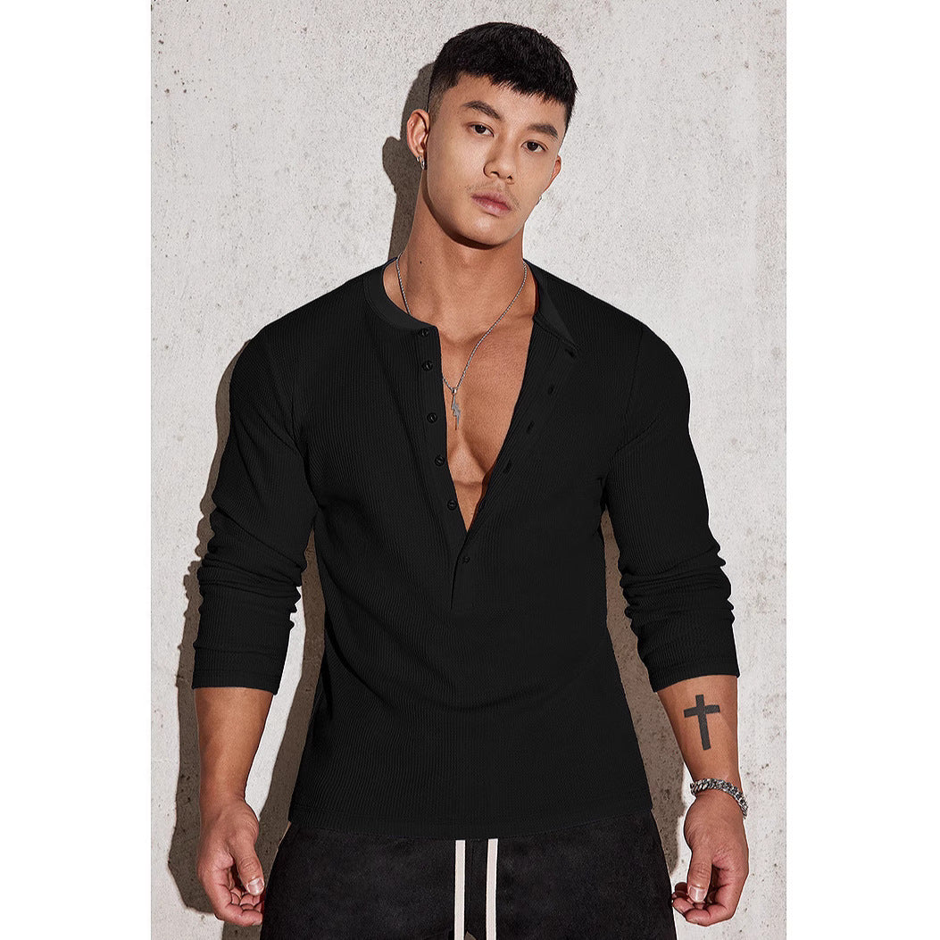 Herren Langarmshirt Waffelstruktur Modern mit Knöpfen