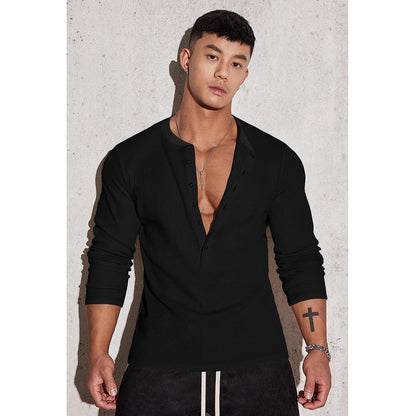 Herren Langarmshirt Waffelstruktur Modern mit Knöpfen