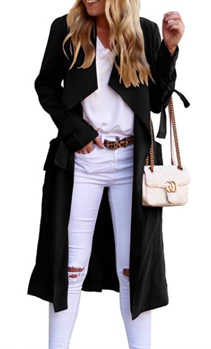 Damen Trenchcoat Lang Fließend mit Gürtel und Revers
