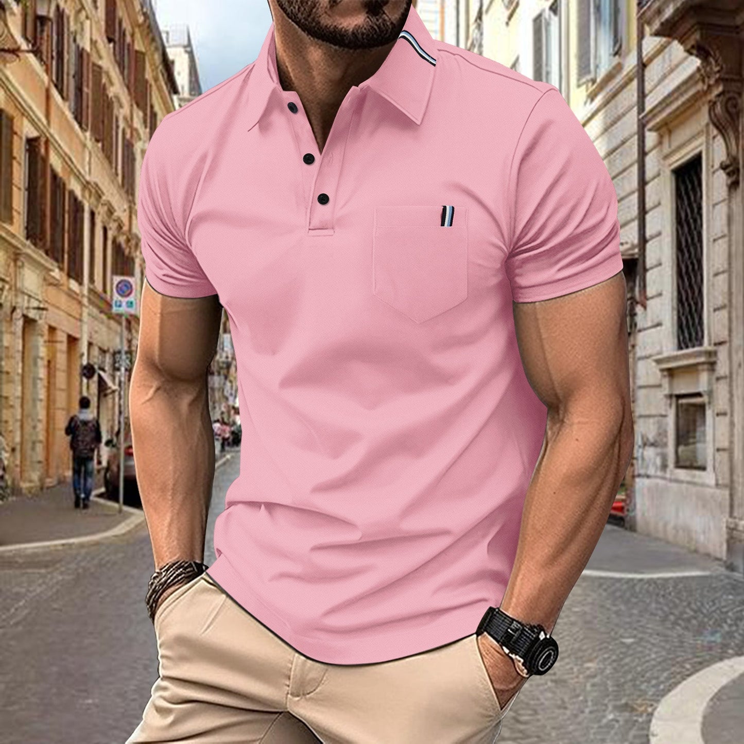 Herren Polohemd Kurzarm Modern mit Knöpfen und Brusttasche