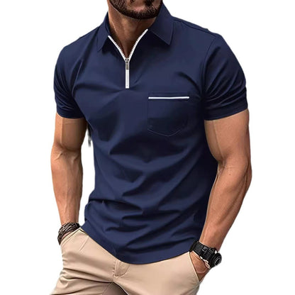 Herren Poloshirt Kurzarm mit Reißverschluss und Brusttasche Modern
