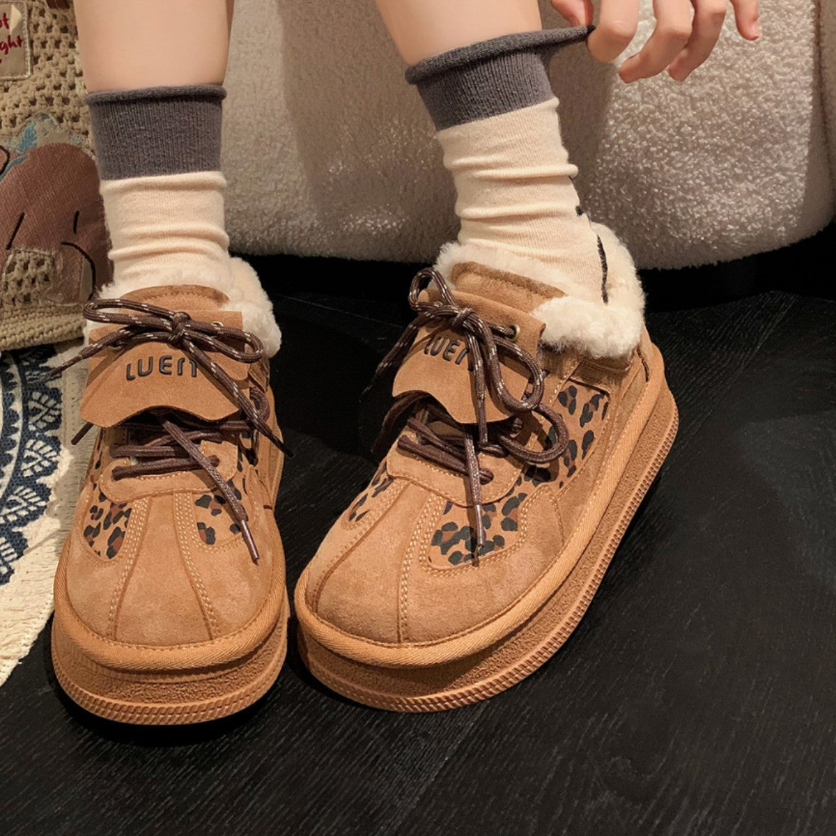 Damen Sneaker Modisch Tiermuster Kuschelig