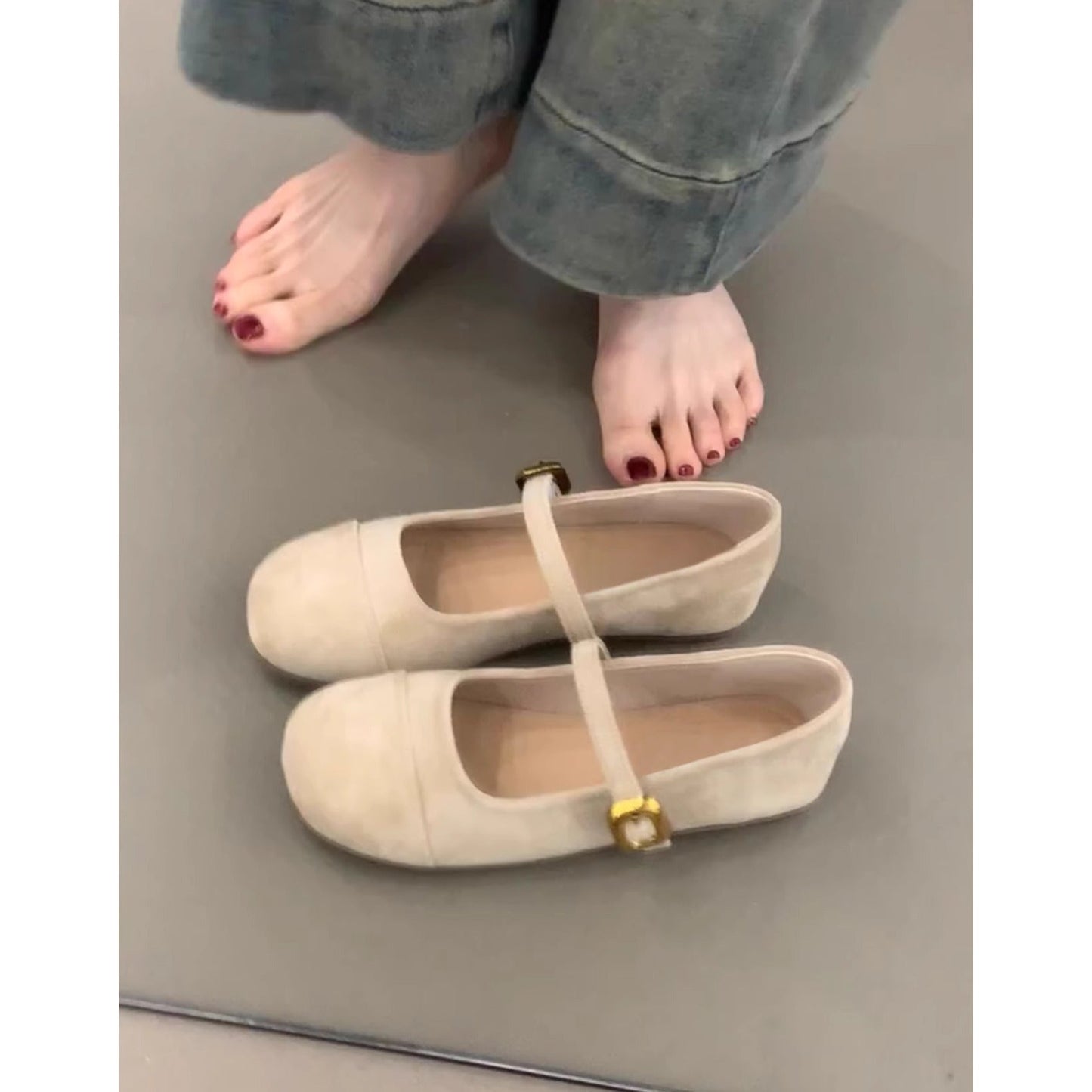 Damen Ballerinas Weich Wildleder Schnalle Modern
