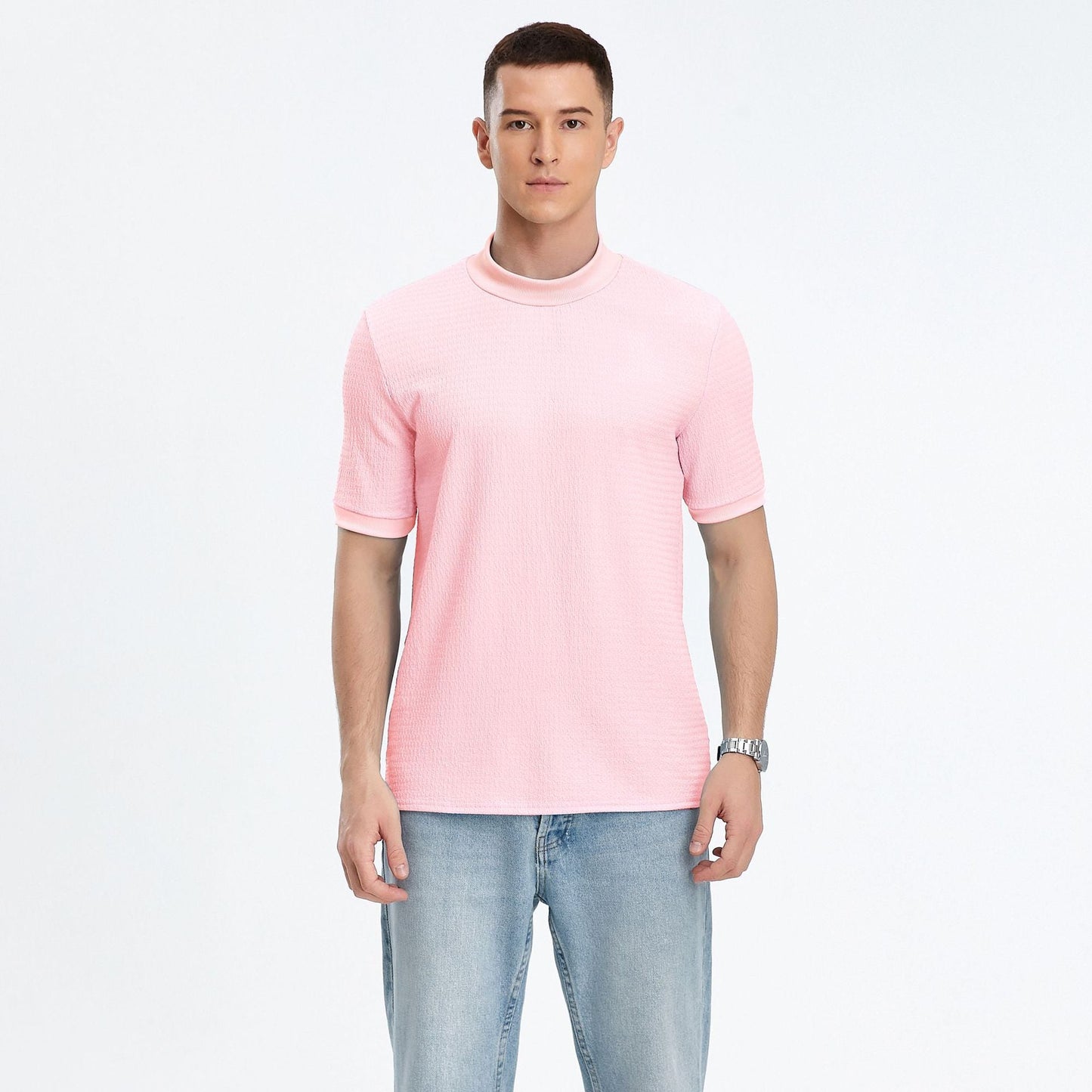 Herren T-Shirt Kurzarm Modern Stehkragen Strukturstoff