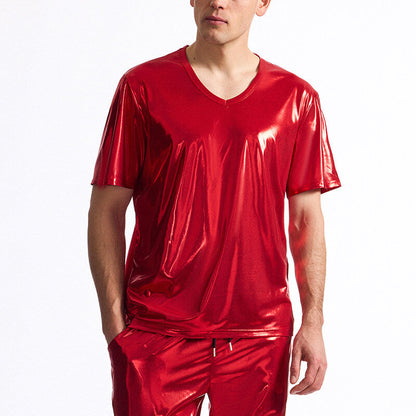 Herren T-Shirt V-Ausschnitt Glänzend Modern Hochwertig