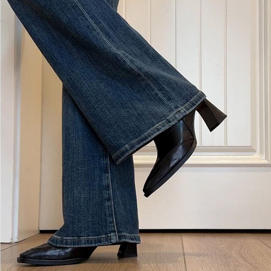 Damen Stiefeletten Elegante Schnitt Blockabsatz Schwarz
