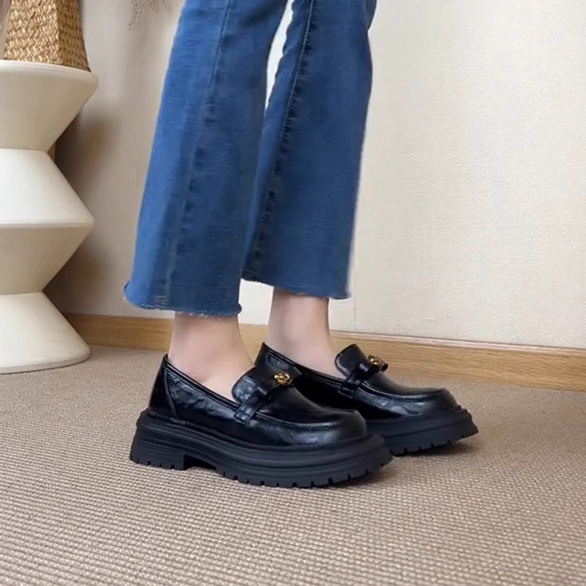 Damen Mokassins Modisch Robust Schnalle Schwarz