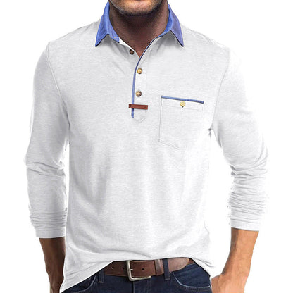 Herren Langarmshirt Mit Brusttasche Kontrastkragen Modern