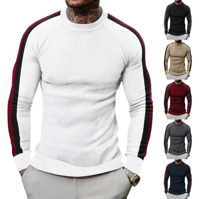 Herren Strickpullover Sportlich Kontrastärmel Hochkragen - BerlinGlamour