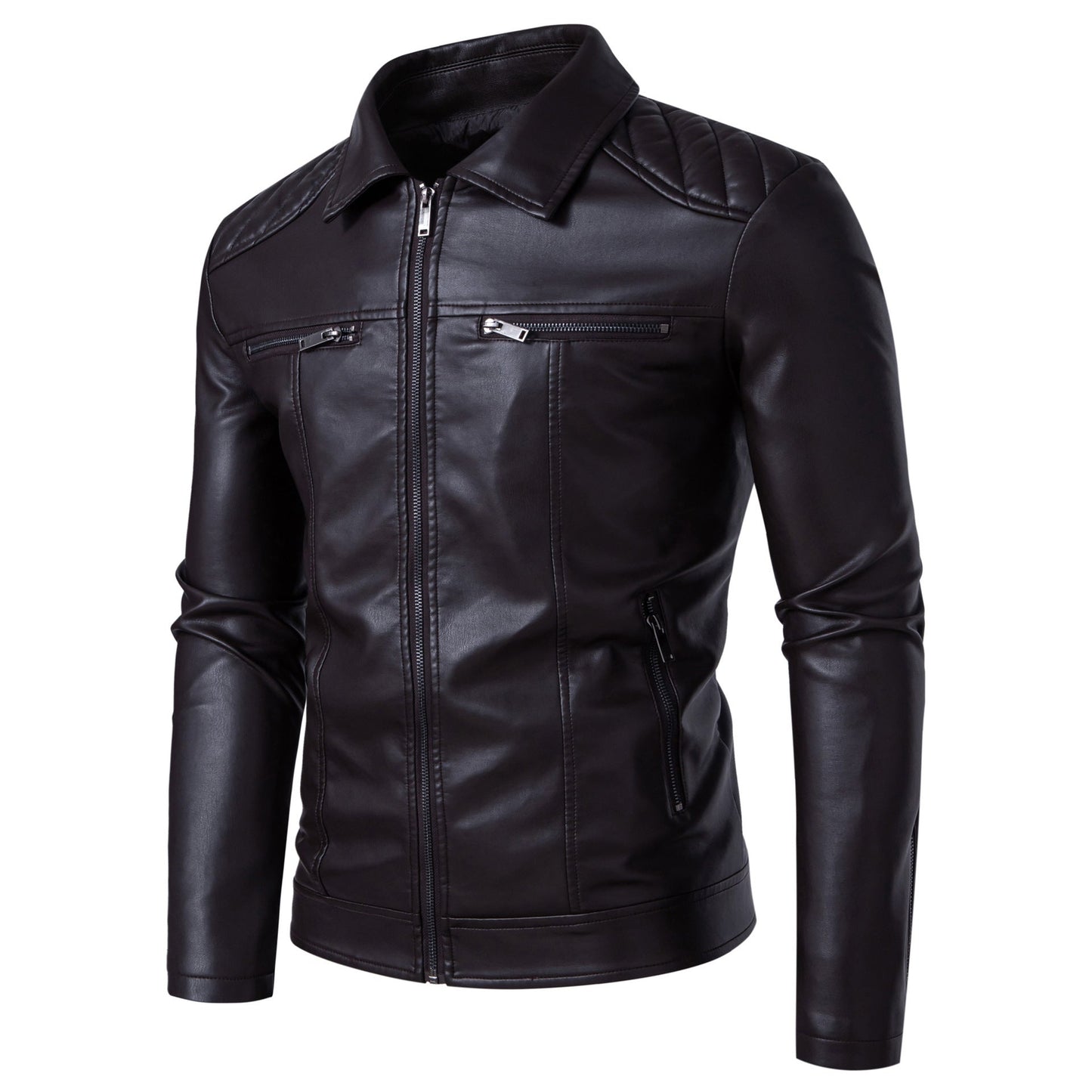 Herren Lederjacke Kunstleder Reißverschluss Taschen Schwarz