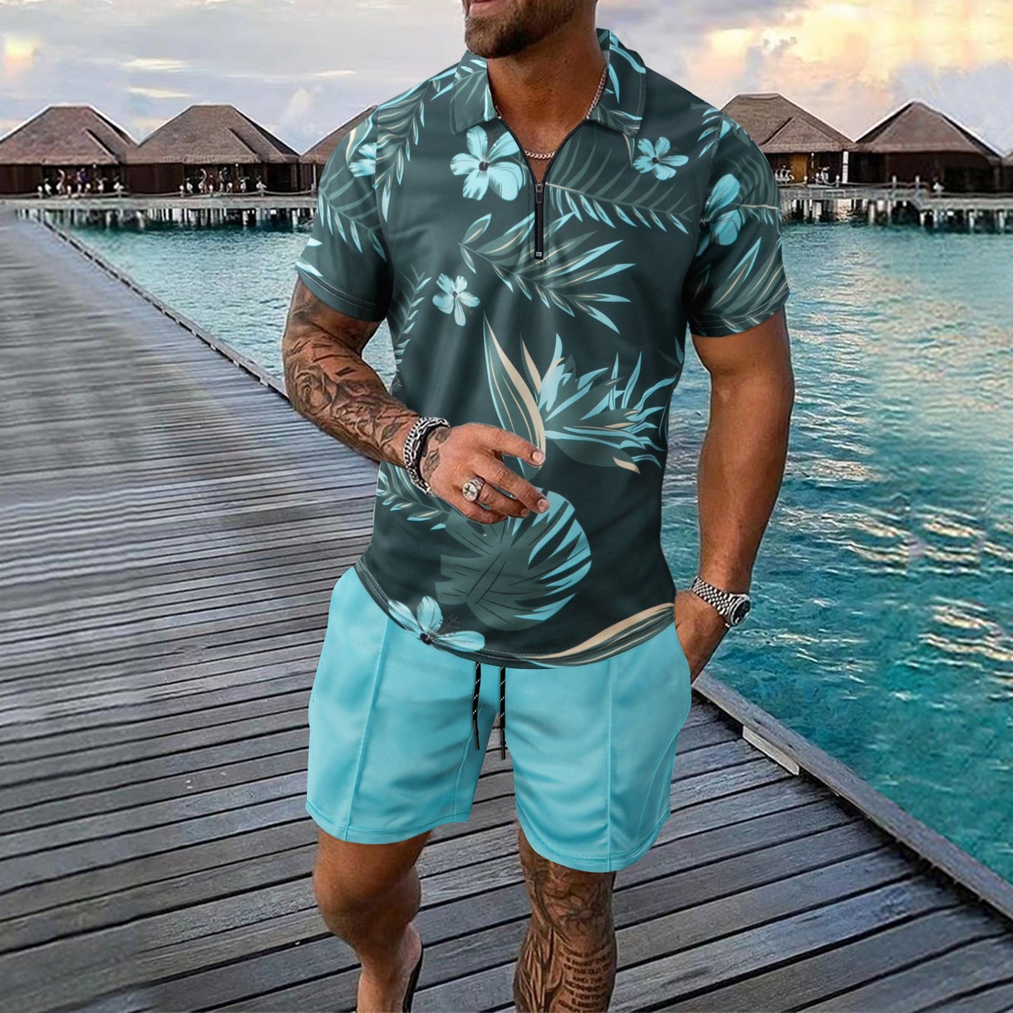 Herren Sportoberteil Kurzarm mit Reißverschluss und Sportshorts