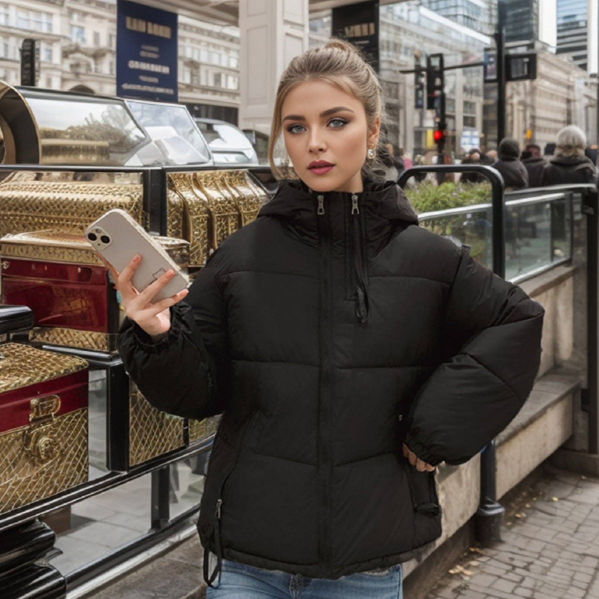 Damen Übergangsjacke Voluminös Steppnaht Taschen Modisch
