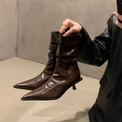 Damen Stiefeletten Elegant Faltenwurf Mit Absatz Schwarz - BerlinGlamour