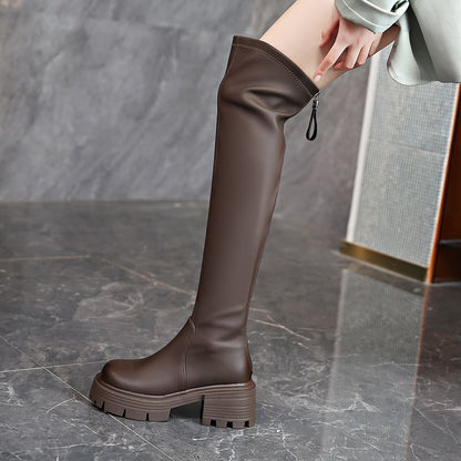 Damen Overknee Stiefel Robust Blockabsatz Elastisch
