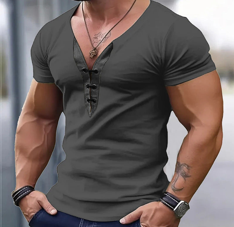 Herren Kurzarmshirt Modern V-Ausschnitt Knopfdesign