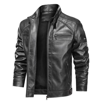 Herren Lederjacke Elegant Asymmetrisch Mit Taschen Schwarz