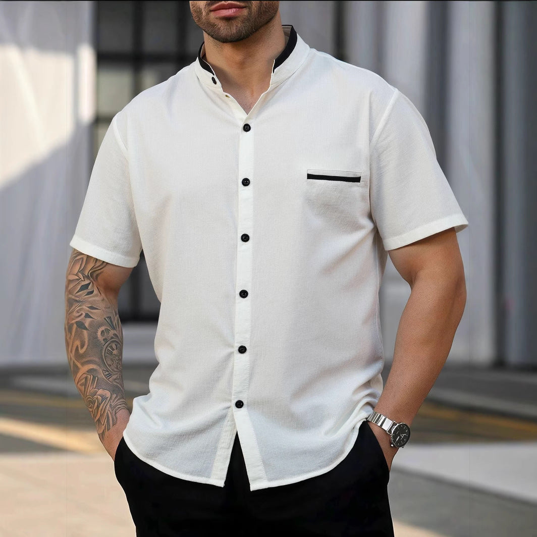 Herren Kurzarmhemd Modern Stehkragen mit Brusttasche
