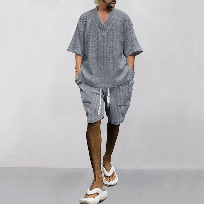 Herren T-Shirt V-Ausschnitt Lässig und Kurze Freizeithose Elastisch